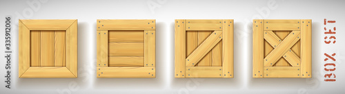 Pack of wooden crate mockups with different lids. Timber packages templates on white background with drop shadows. Parcel shipping. Goods transportation. Warehouse storage