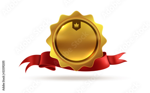 Gold medal. Victory orden or best winner trophy isolated vector template of award with red ribbon
