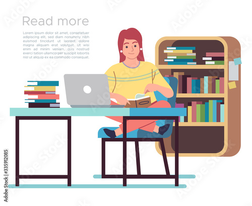Woman in library. Young lady reading book in public library interior with bookshelves, table and chairs, flat design vector concept