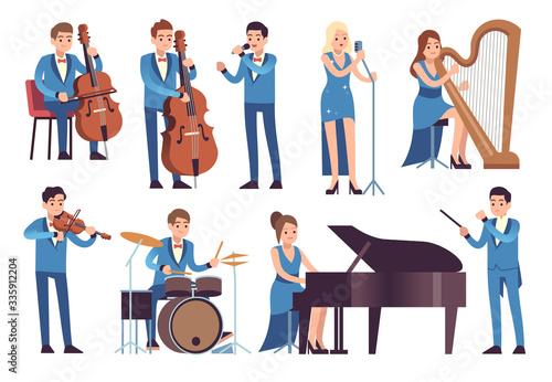 Classic musicians. Singers performing, symphony concert with orchestra instruments cello, piano and clarinet vector characters
