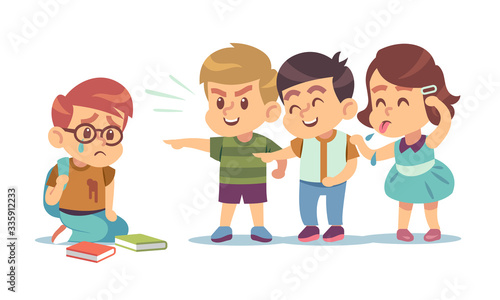 Kids bullying. Humiliation, mocking classmates. Discrimination, abuse and negative school communication social conflict flat vector concept