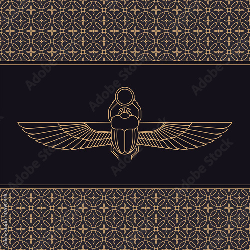 Color illustration of the Egyptian scarab beetle, personifying the god Khepri with seamless pattern.