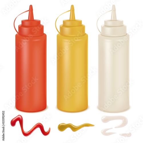 Sauce set. White, red and yellow bottles. Mayonnaise, mustard and ketchup splashes, plastic packaging for branding. Realistic vector mockup