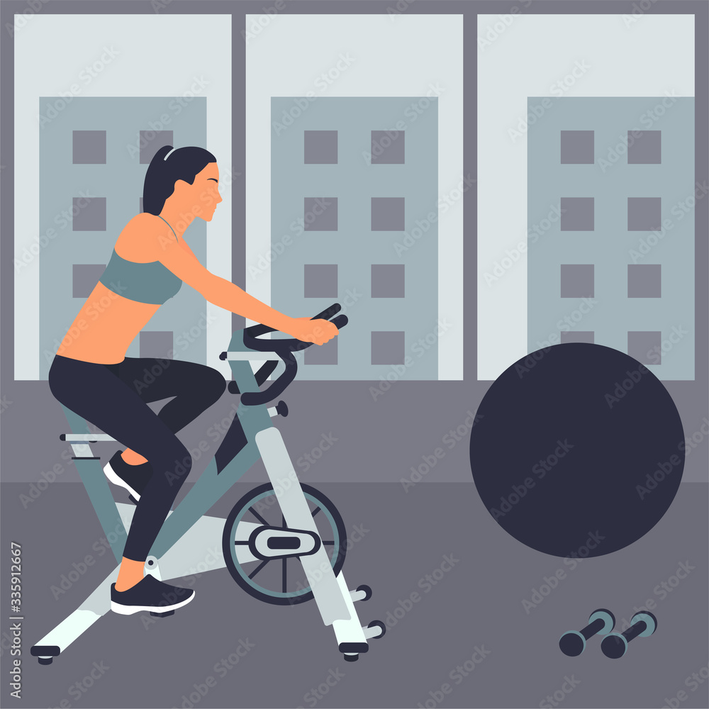 mujer joven entrenando en bicicleta estática, entrenamiento y ejercicios en  casa, rutina diaria, calentamiento. ilustración de Stock | Adobe Stock