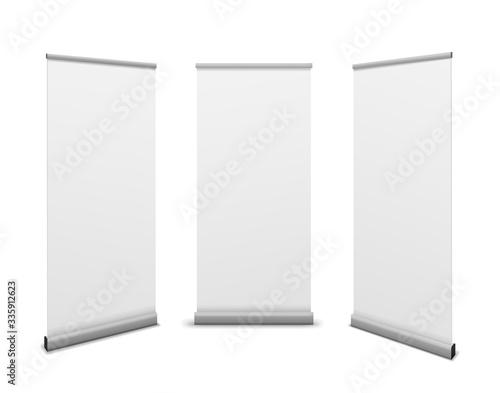 Roll up banners. Advertising billboard, promotional white poster mockup, empty info stand template exhibition presentation vector set
