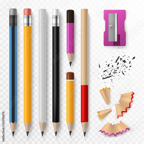 Pencil mockup. Realistic colored wooden graphite pencils with shavings and sharpener, school office stationery, creative design vector set