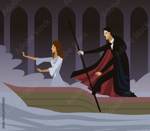 masked man with woman in a boat in opera act