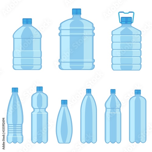 Plastic water bottles. Flat containers different capacities for liquids, beverages advertisement service delivery water mockup vector set
