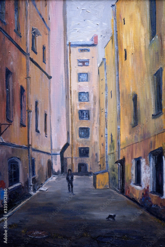 Fototapeta premium A man walking in the yard in the city, cat crossing his way, old buildings, oil painting