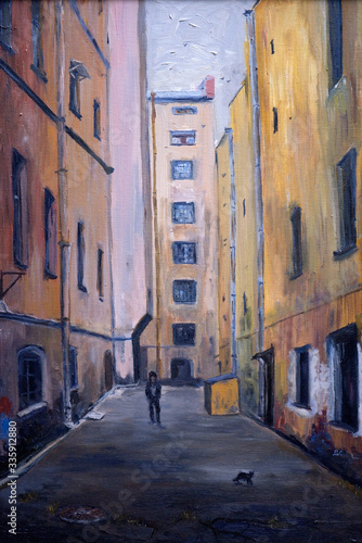 A man walking in the yard in the city, cat crossing his way, old buildings, oil painting