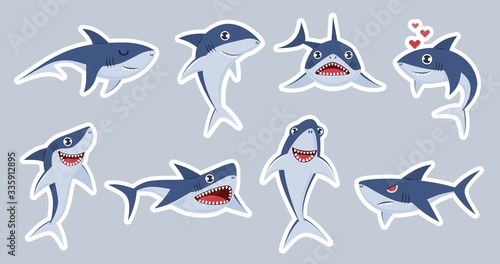 Ocean shark mascot. Happy sharks, scary jaws and underwater swimming cute character, emotions fish for stickers, patches vector set