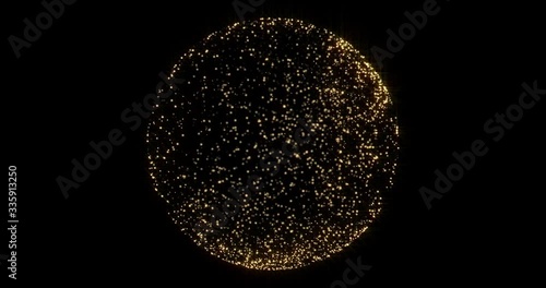 Gold glittering ball. Magic golden confetti in glowing sphere emitting gold dust particles