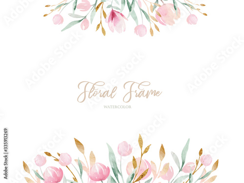 Spring bird on blooming branch with green leaves and flowers. Watercolor wedding invitation card blossom painting. Hand drawn pink wreath design. Cherry isolated branch decoration.