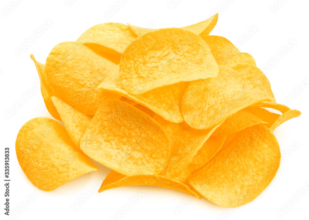 potato chips isolated on white background, clipping path, full depth of field potato chips isolated on white background, clipping path, full depth of field