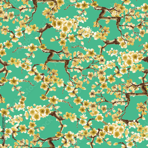 Blooming watercolor tree painted in japanese style on green background, seaml...
