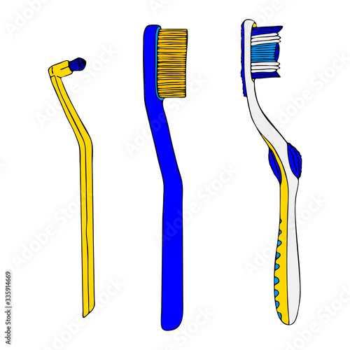 Set toothbrush for daily hygiene of oral cavity. Personal products for brushing teeth in bathroom home. Color vector isolated template flat doodle realistic drawing black outline white background icon