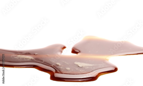Spilled espresso coffee with foam, stains isolated on white background and texture