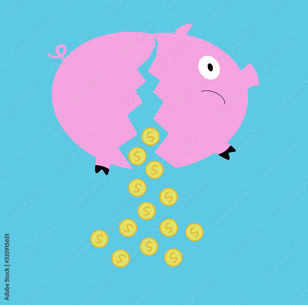 Broken piggy bank with falling coins Broken piggy bank with falling coins
