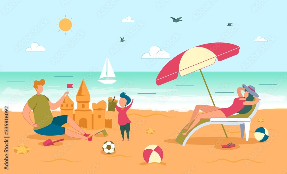 Happy Family with Kid Rest on Sand Beach Together Happy Family with Kid Rest on Sand Beach Together