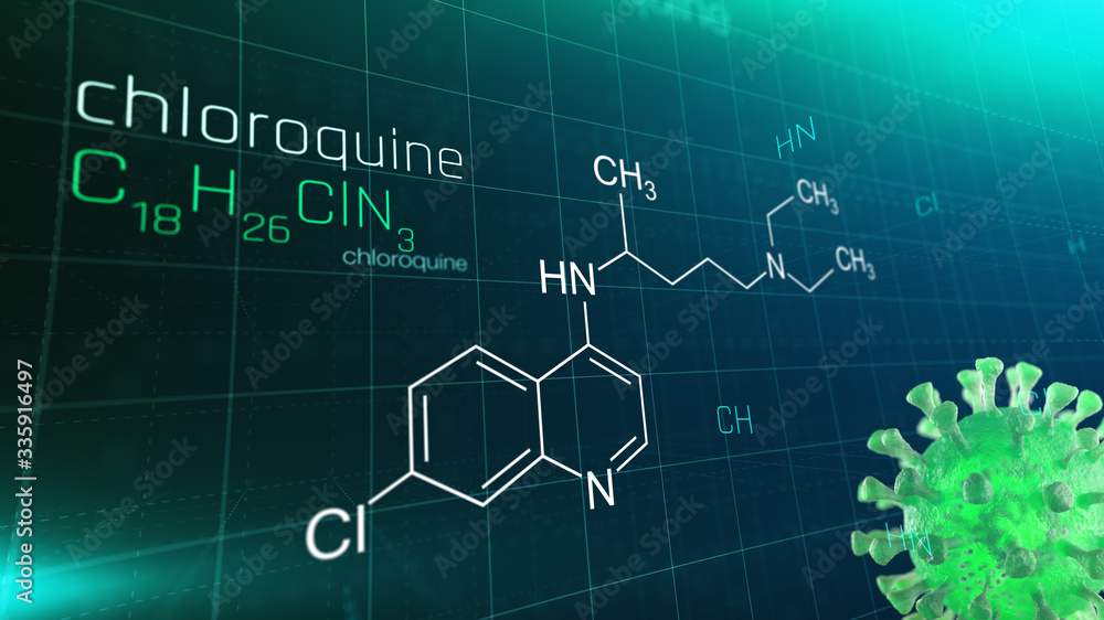 Chloroquini phosphas, chloroquine medicine substance. Drug introduced as treatment for coronavirus (SARS-CoV-2). Active in COVID-19 supportive therapy. Chemical formula on modern tech background