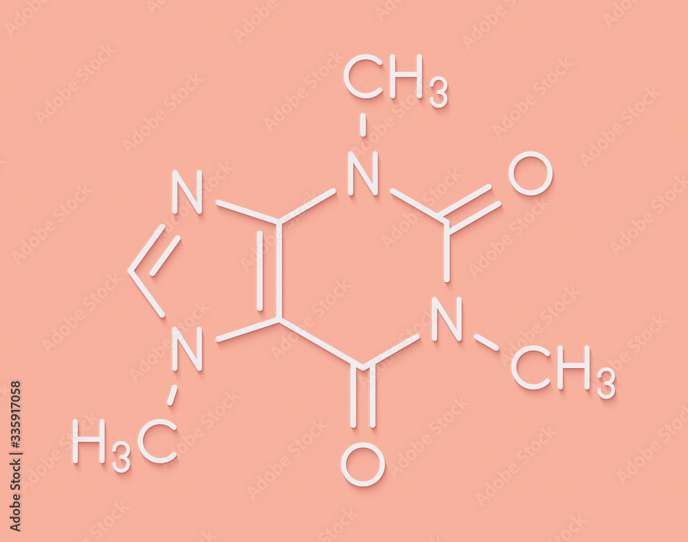 Fototapeta premium Caffeine stimulant molecule. Present in coffee, tea and many soft and energy drinks. Skeletal formula.