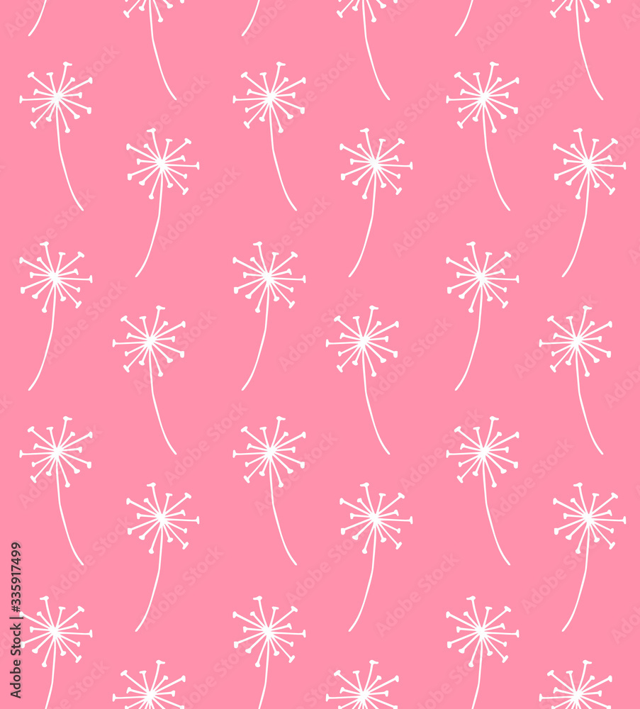 Vector seamless pattern of white hand drawn doodle sketch dandelion flower branch isolated on pink background Vector seamless pattern of white hand drawn doodle sketch dandelion flower branch isolated on pink background