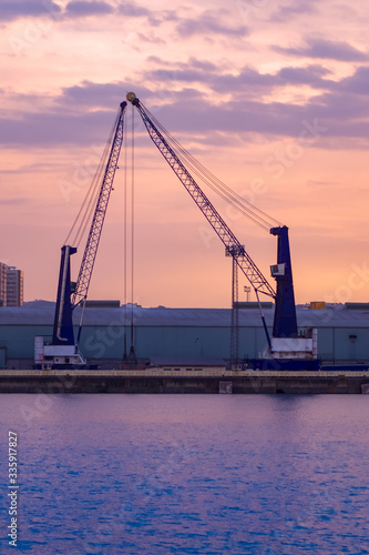 watching dusk in the port of la coruña while their cranes rest