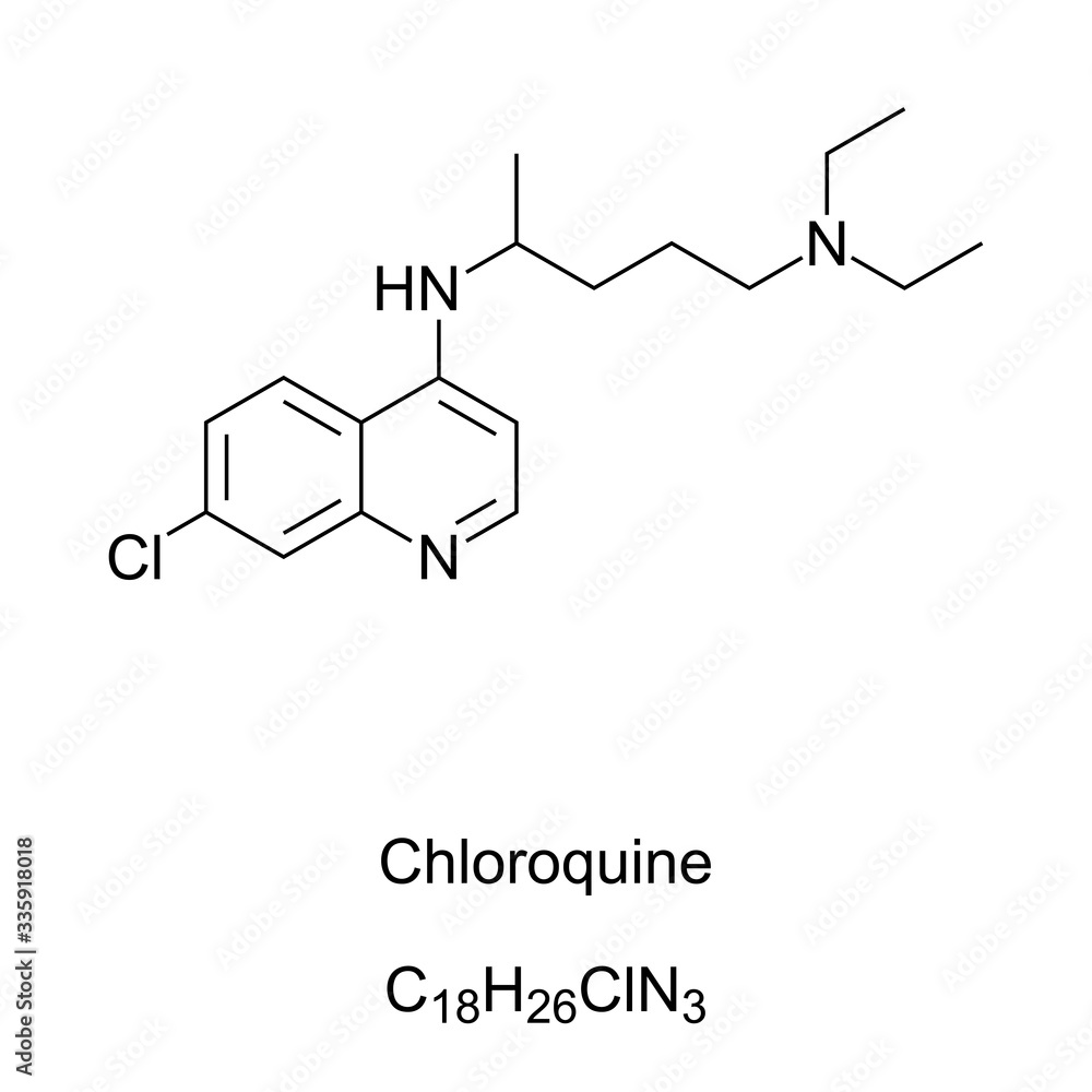 Chloroquine skeletal formula and molecular structure. Medication primarily used to prevent and treat malaria. It is also being studied to treat coronavirus disease 2019. English. Illustration. Vector.