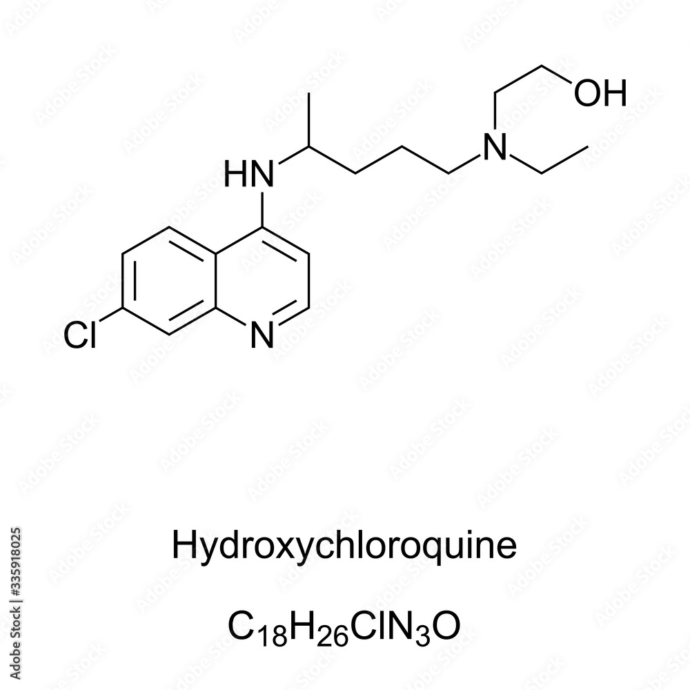 Hydroxychloroquine, formula and structure. HCQ is a medication primarily used to prevent and treat malaria. It is also being studied to treat coronavirus disease 2019. English. Illustration. Vector.