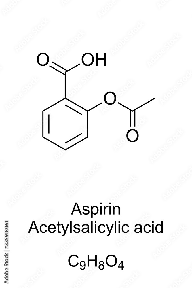 Aspirin, formula and molecular structure. Acetylsalicylic acid, ASA
