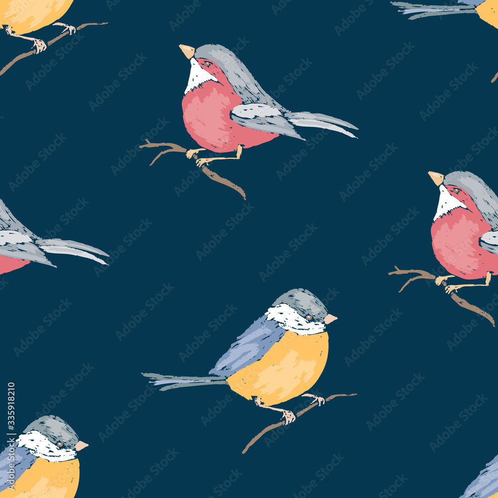 Fototapeta premium Seamless pattern of drawn titmouses and bullfinches