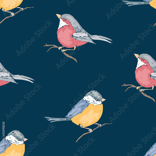 Seamless pattern of drawn titmouses and bullfinches