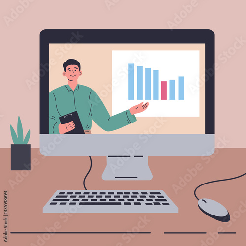 Coronavirus pandemic.Video conference landing.Man on computer screen shows financial report, post-crisis growth chart.Remote work during quarantine.Vector colorful illustration.Flat cartoon character