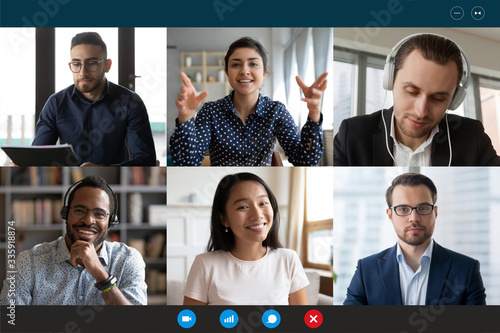 Team working by group video call share ideas brainstorming negotiating use video conference, pc screen view six multi ethnic young people, application advertisement easy and comfortable usage concept photo
