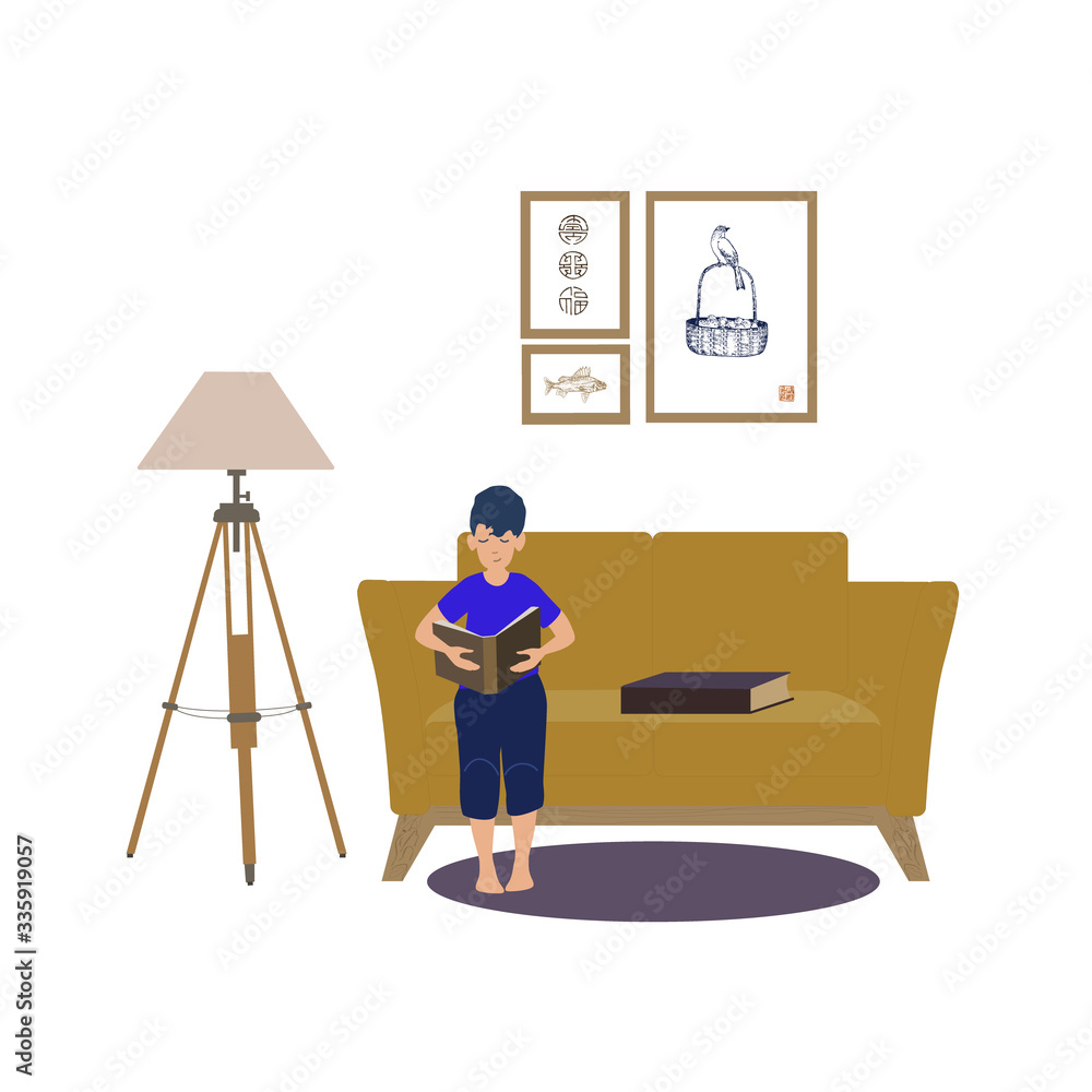 Fototapeta premium Little boy loves to read, self education at home, education, literature and learning vector illustration.