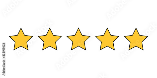 Five golden star product quality rating. Flat stars icon for apps and websites. Vector illustration.