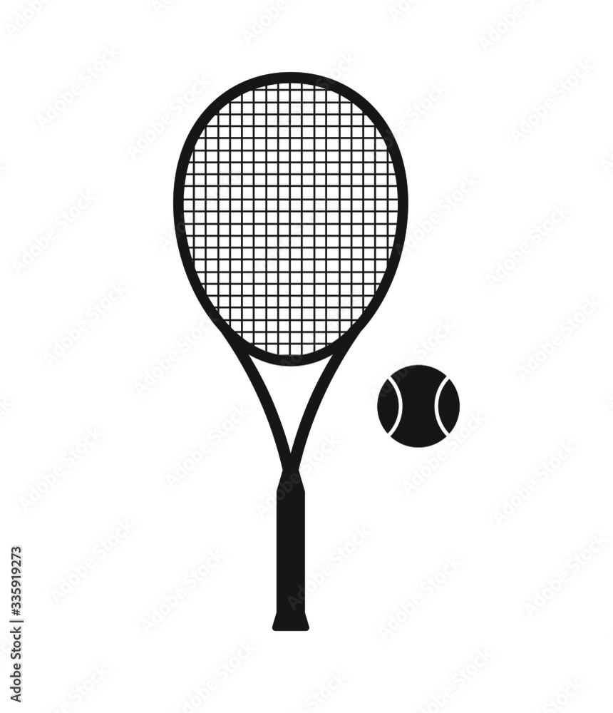 Vector flat black tennis racket and ball isolated on white background