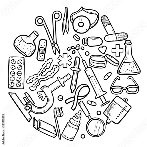 Healthcare and Medicine Vector illustration. Hand Drawn Doodle Drugs and Medical Products and Devices Background for your design