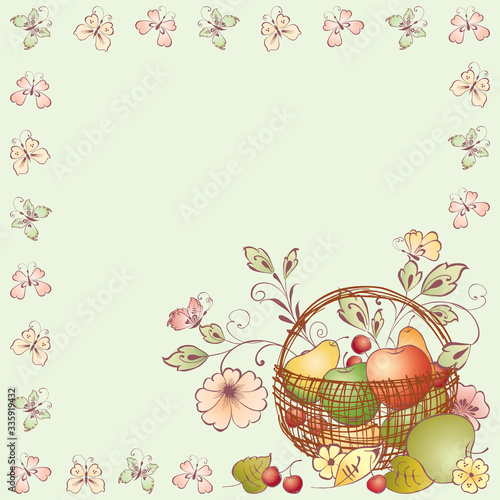 Vector background with frame from butterflies and basket with ripe fruits and flowers