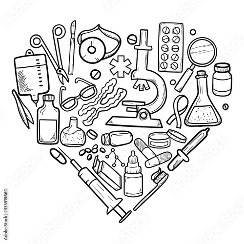 Healthcare and Medicine Vector illustration. Hand Drawn Doodle Drugs and Medical Products and Devices Background for your design