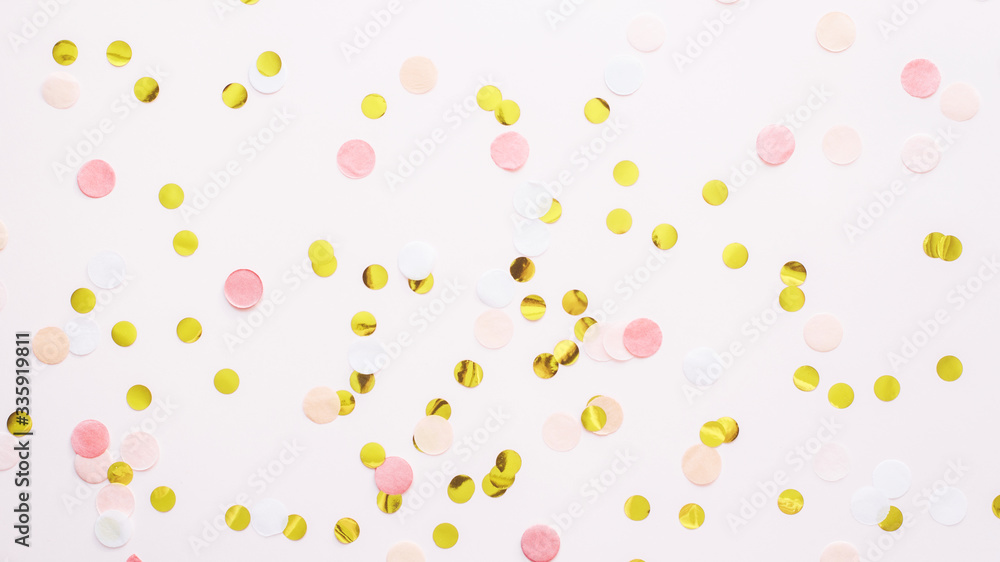 pink and gold round confetti on a pink pastel background. Template for advertising, blog, discounts and text