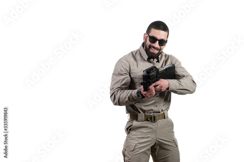 Military Man Holding Gun Isolated on White Background