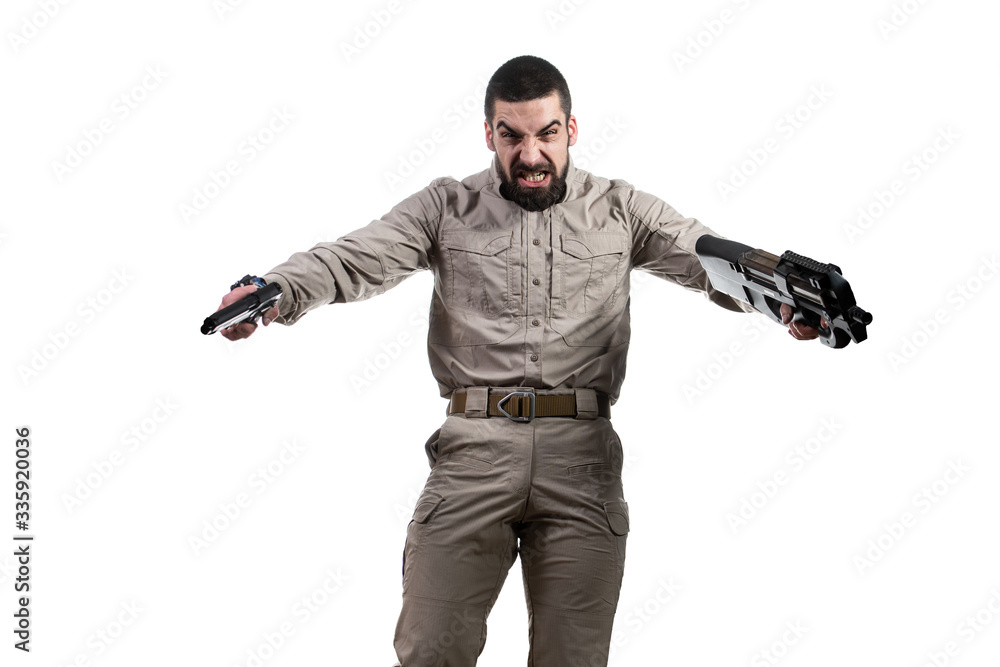 Military Man Holding Gun Isolated on White Background Military Man Holding Gun Isolated on White Background