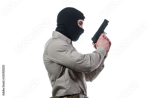 Military Man With Mask Holding Gun White Background