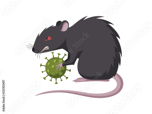 Coronavirus in the year of the Rat 2020. Concept illustration of the coronavirus pandemic. Transmission of the virus from animals to humans. Rat holding coronavirus