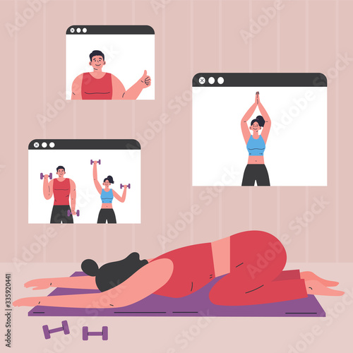 Coronavirus pandemic.Online courses of yoga and sport.Online workout.Video training with the trainer.Doing sports during coronavirus quarantine.Vector colorful illustration.Flat cartoon character