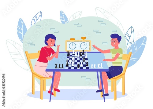 Kids Characters Playing Chess in Club or School.