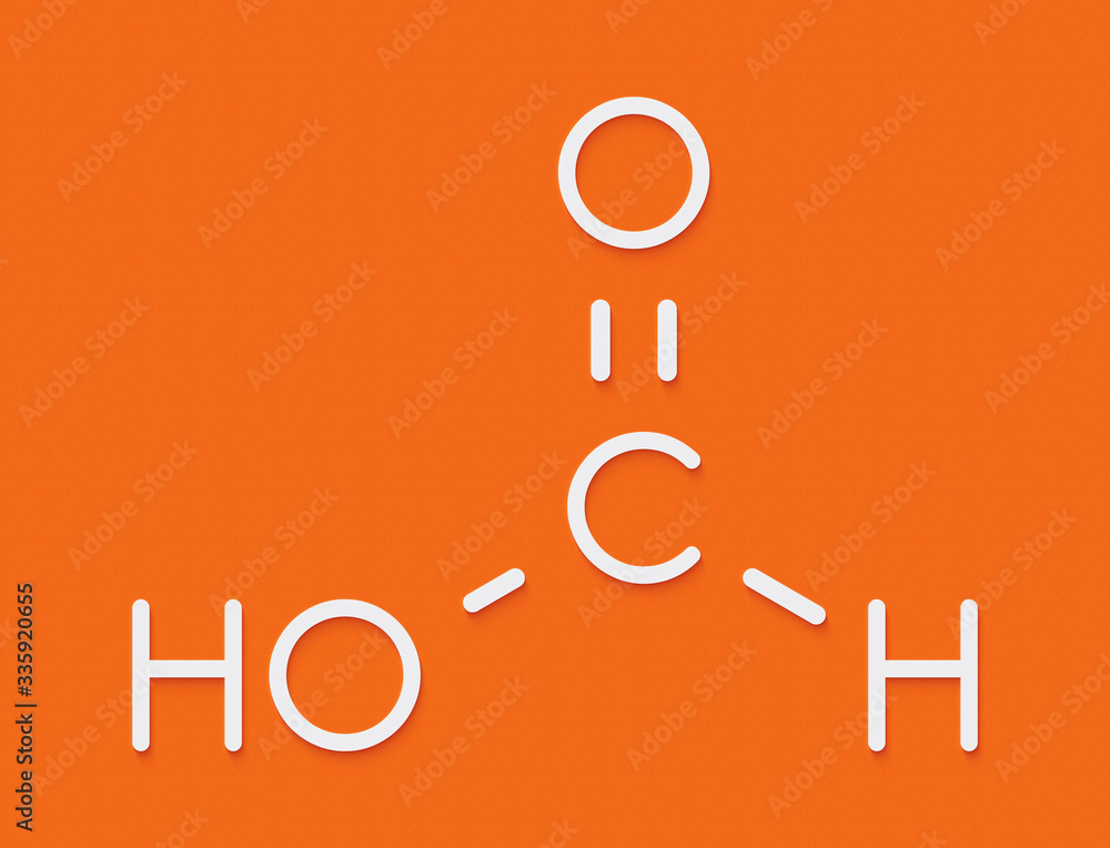 Formic acid molecule. Present in ant venom and in stinging nettle. Skeletal formula. Formic acid molecule. Present in ant venom and in stinging nettle. Skeletal formula.