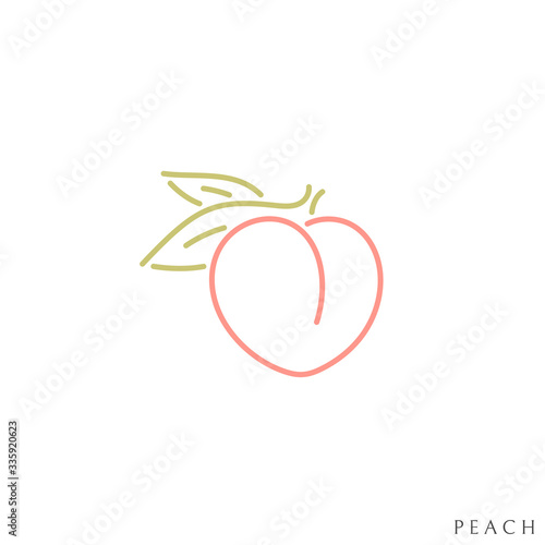 Fresh peach. Outline style. Japanese white peach with leaves 