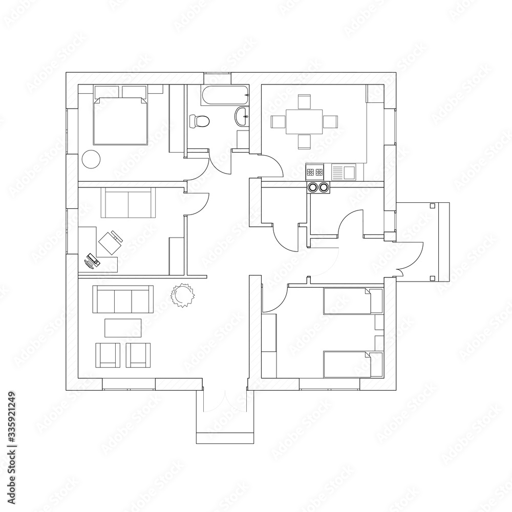 Black and White floor plan of a modern apartment. Vector Illustration. Architectural whiteprint. Black and White floor plan of a modern apartment. Vector Illustration. Architectural whiteprint.